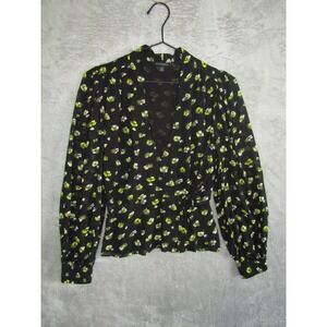 BANANA REPUBLIC Black Floral Wrap Blouse XS Long Sleeve V Neck